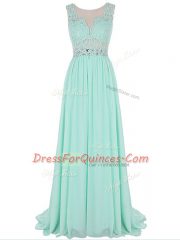 Smart Apple Green Prom Evening Gown Prom and Party and Military Ball and Sweet 16 with Beading and Lace and Appliques Scalloped Sleeveless Brush Train Backless