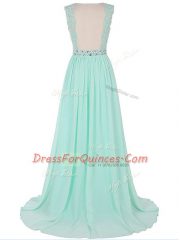 Smart Apple Green Prom Evening Gown Prom and Party and Military Ball and Sweet 16 with Beading and Lace and Appliques Scalloped Sleeveless Brush Train Backless