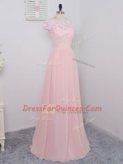 Glamorous Cap Sleeves Chiffon Floor Length Zipper Quinceanera Dama Dress in Baby Pink with Lace