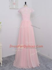 Glamorous Cap Sleeves Chiffon Floor Length Zipper Quinceanera Dama Dress in Baby Pink with Lace