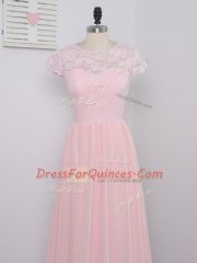 Glamorous Cap Sleeves Chiffon Floor Length Zipper Quinceanera Dama Dress in Baby Pink with Lace