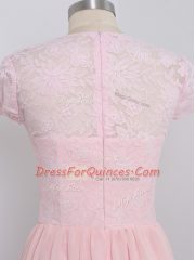 Glamorous Cap Sleeves Chiffon Floor Length Zipper Quinceanera Dama Dress in Baby Pink with Lace