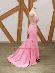 Baby Pink Elastic Woven Satin Zipper Scoop Sleeveless Homecoming Dress Brush Train Beading and Lace and Appliques