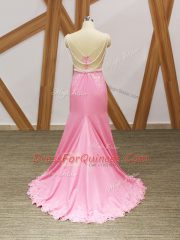 Baby Pink Elastic Woven Satin Zipper Scoop Sleeveless Homecoming Dress Brush Train Beading and Lace and Appliques
