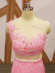 Baby Pink Elastic Woven Satin Zipper Scoop Sleeveless Homecoming Dress Brush Train Beading and Lace and Appliques