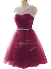 Designer Sleeveless Mini Length Beading and Ruffles Lace Up Prom Gown with Burgundy