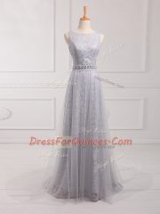 Grey Empire Scoop Sleeveless Tulle and Lace Brush Train Zipper Beading and Lace Vestidos de Damas