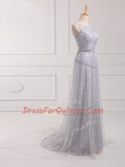 Grey Empire Scoop Sleeveless Tulle and Lace Brush Train Zipper Beading and Lace Vestidos de Damas