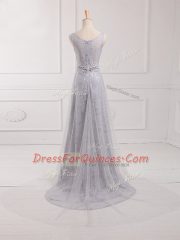Grey Empire Scoop Sleeveless Tulle and Lace Brush Train Zipper Beading and Lace Vestidos de Damas