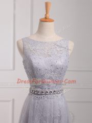 Grey Empire Scoop Sleeveless Tulle and Lace Brush Train Zipper Beading and Lace Vestidos de Damas