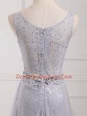 Grey Empire Scoop Sleeveless Tulle and Lace Brush Train Zipper Beading and Lace Vestidos de Damas