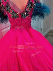 Ideal Mini Length Fuchsia Prom Dress Organza Short Sleeves Beading and Sequins