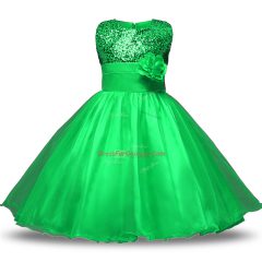 Glittering Organza and Sequined Scoop Sleeveless Zipper Belt and Hand Made Flower Flower Girl Dress in Green