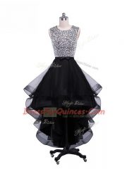 Sleeveless Tulle High Low Zipper Evening Dress in Black with Beading and Ruffles