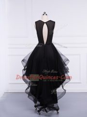 Sleeveless Tulle High Low Zipper Evening Dress in Black with Beading and Ruffles