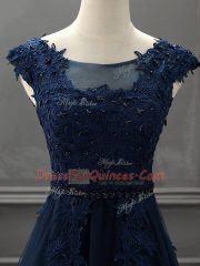 Navy Blue Tulle Lace Up Scoop Sleeveless Mini Length Prom Party Dress Beading and Lace and Appliques