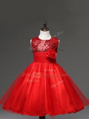 Knee Length Red Kids Formal Wear Tulle Sleeveless Sequins and Hand Made Flower