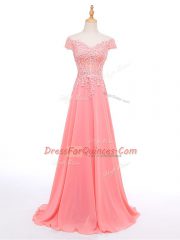 Gorgeous Short Sleeves Chiffon Floor Length Zipper in Watermelon Red with Lace and Appliques