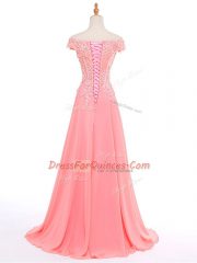 Gorgeous Short Sleeves Chiffon Floor Length Zipper in Watermelon Red with Lace and Appliques