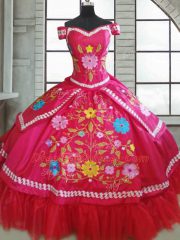 Hot Pink Short Sleeves Floor Length Beading and Embroidery Lace Up Quinceanera Dress