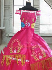 Hot Pink Short Sleeves Floor Length Beading and Embroidery Lace Up Quinceanera Dress