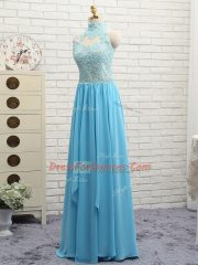 Affordable Baby Blue Halter Top Neckline Lace Prom Gown Sleeveless Backless