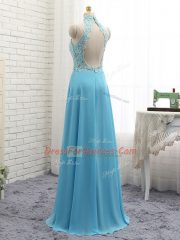 Affordable Baby Blue Halter Top Neckline Lace Prom Gown Sleeveless Backless