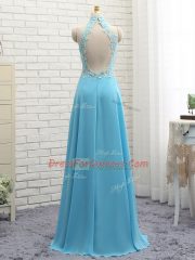Affordable Baby Blue Halter Top Neckline Lace Prom Gown Sleeveless Backless