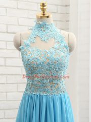 Affordable Baby Blue Halter Top Neckline Lace Prom Gown Sleeveless Backless