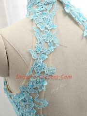 Affordable Baby Blue Halter Top Neckline Lace Prom Gown Sleeveless Backless