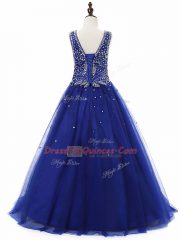 Excellent Floor Length A-line Sleeveless Royal Blue Little Girl Pageant Gowns Lace Up