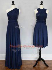 Dynamic Navy Blue Sleeveless Floor Length Ruching Lace Up Vestidos de Damas