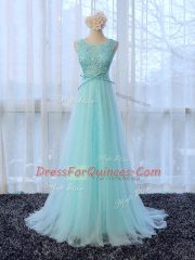 Traditional Apple Green Sleeveless Lace and Bowknot Zipper Quinceanera Court of Honor Dress