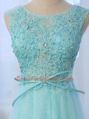 Traditional Apple Green Sleeveless Lace and Bowknot Zipper Quinceanera Court of Honor Dress