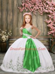 Sleeveless Lace Up Floor Length Embroidery and Belt Little Girls Pageant Dress