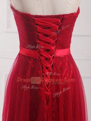 Belt Damas Dress Wine Red Lace Up Sleeveless Floor Length