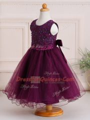 Burgundy Scoop Zipper Appliques Child Pageant Dress Sleeveless