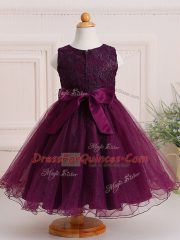 Burgundy Scoop Zipper Appliques Child Pageant Dress Sleeveless