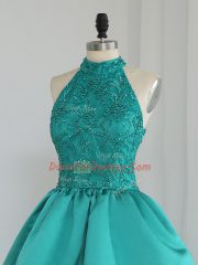 Turquoise Satin Zipper High-neck Sleeveless Mini Length Homecoming Dress Lace and Appliques