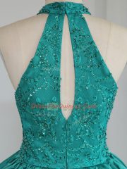Turquoise Satin Zipper High-neck Sleeveless Mini Length Homecoming Dress Lace and Appliques