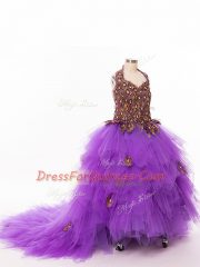 Eggplant Purple Kids Formal Wear Halter Top Sleeveless Court Train Lace Up