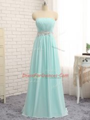 Apple Green Chiffon Zipper Strapless Sleeveless Floor Length Quinceanera Dama Dress Appliques and Ruching