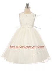 Best White Scoop Neckline Beading Little Girls Pageant Dress Sleeveless Lace Up