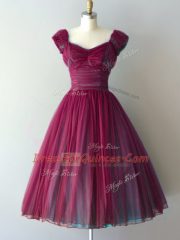 Elegant V-neck Cap Sleeves Lace Up Quinceanera Court Dresses Burgundy Chiffon
