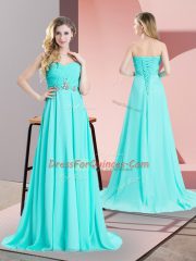 Aqua Blue Sweetheart Lace Up Beading and Ruching Prom Gown Brush Train Sleeveless