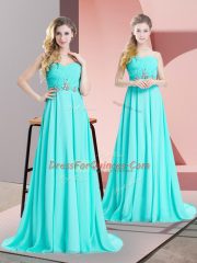 Aqua Blue Sweetheart Lace Up Beading and Ruching Prom Gown Brush Train Sleeveless