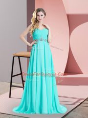 Aqua Blue Sweetheart Lace Up Beading and Ruching Prom Gown Brush Train Sleeveless