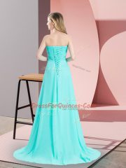 Aqua Blue Sweetheart Lace Up Beading and Ruching Prom Gown Brush Train Sleeveless