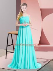Aqua Blue Sweetheart Lace Up Beading and Ruching Prom Gown Brush Train Sleeveless