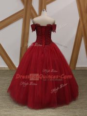 On Sale Floor Length Ball Gowns Sleeveless Wine Red Prom Evening Gown Lace Up